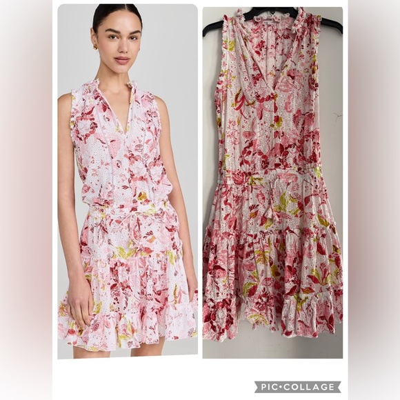 POUPETTE ST BARTH CLARA PINK FLORAL TASSEL EYELET  RUFFLE TIERED MINI DRESS M - Picture 1 of 4